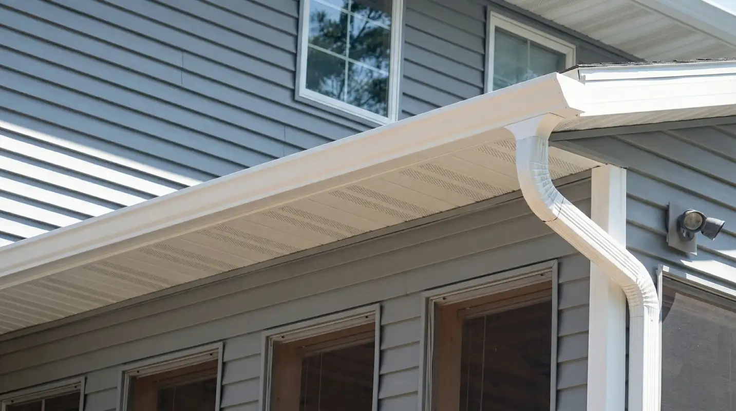 Professional home remodeling project showing newly installed white seamless gutters and downspouts on a house with gray siding in Sarasota, FL