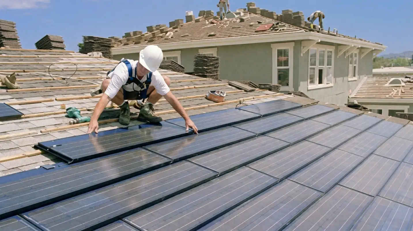 Roof replacement expert installing modern solar shingles on a residential home in Sarasota, FL