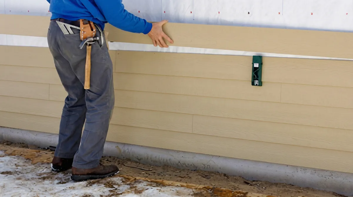 Siding replacement expert carefully aligning a new tan siding panel onto a residential exterior wall in Sarasota, FL