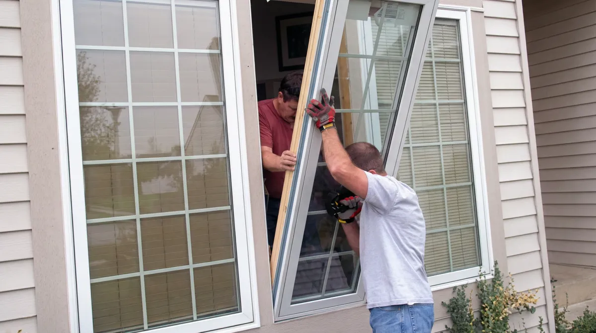 Professional home remodeling team installing a large replacement window on a house with tan siding in Sarasota, FL