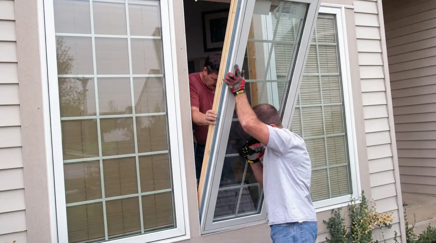Professional home remodeling team installing a large replacement window on a house with tan siding in Sarasota, FL